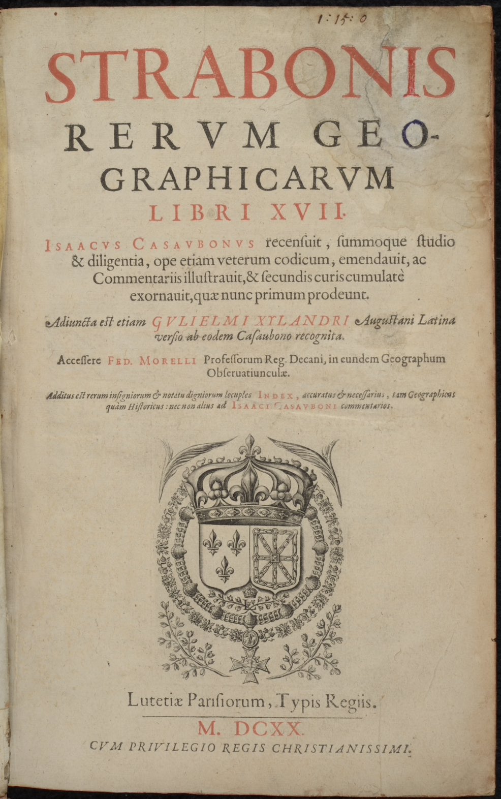 Strabo. <em>Strabonis rerum geographicarum libri XVII</em>.<br>Paris: Typis Regiis, 1620.