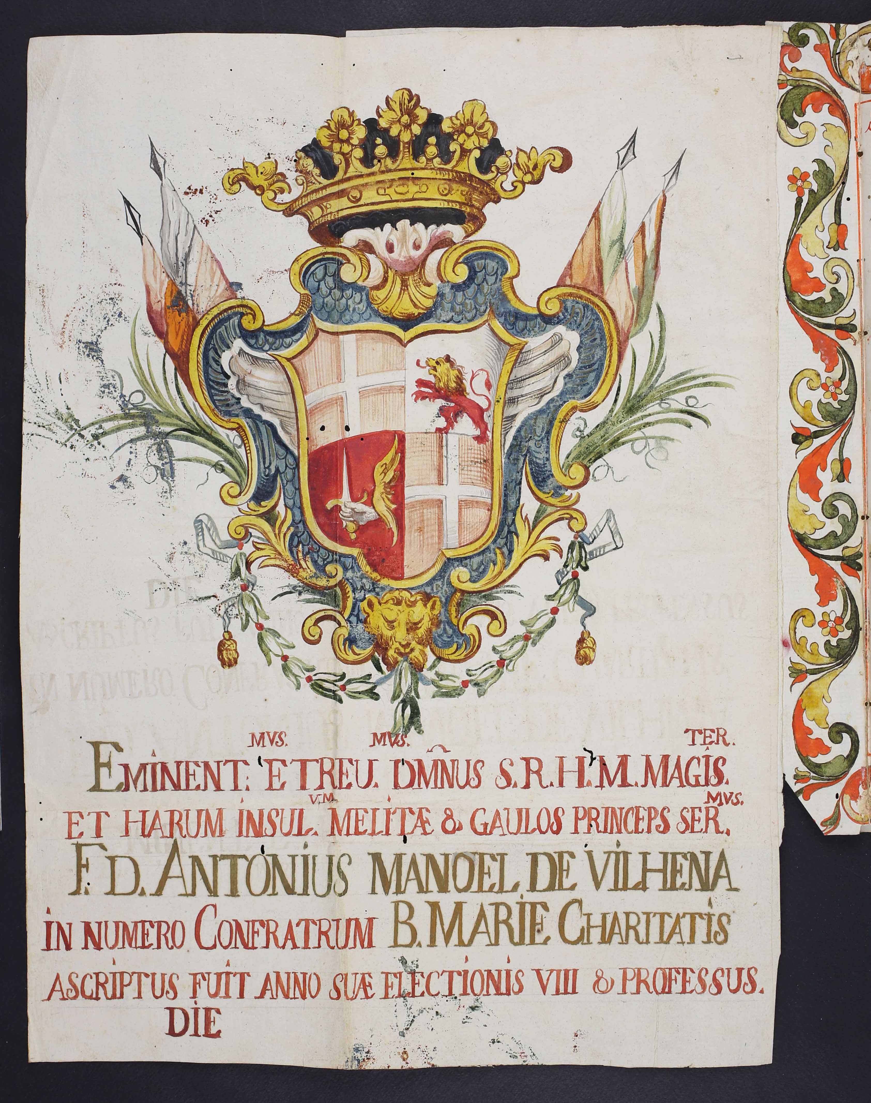 Coat of Arms of Grand Master Vilhena, Confraternity of Charity (<a href='https://w3id.org/vhmml/readingRoom/view/222148'>KKM 00102</a>)